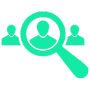 Icon graphic of a magnifying glass and 3 individuals.