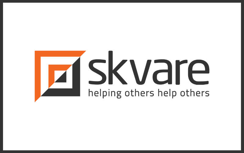 Image of Skvare's logo. Reads "Skvare: Helping others, help others." And the icon is a square.